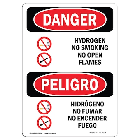 OSHA Danger, Hydrogen No Smoking No Open Flames Bilingual, 10in X 7in Rigid Plastic